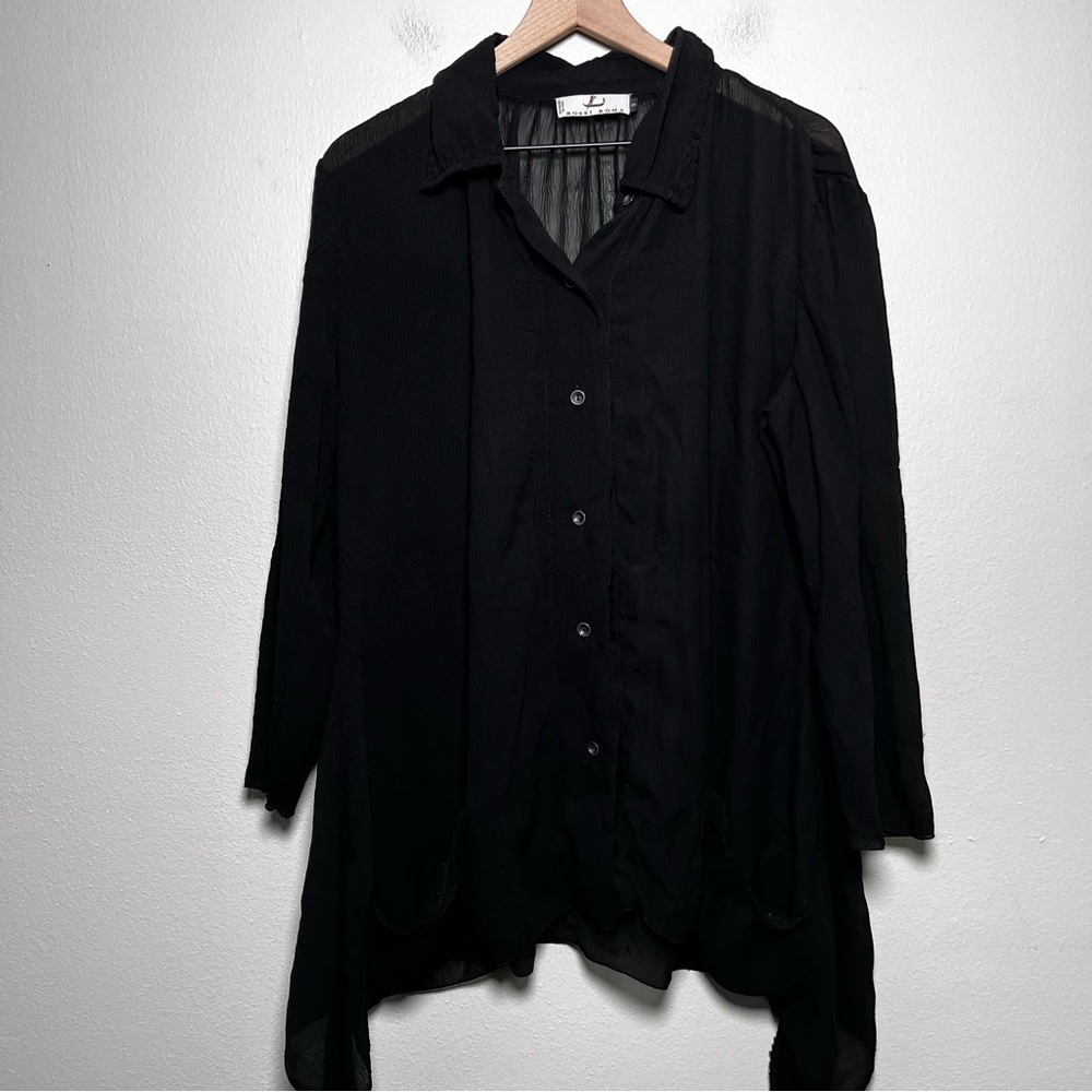 Rossi Roma Women Tunic Top Small Black Lagenlook Crinkle Cut Shark Bite Oversize